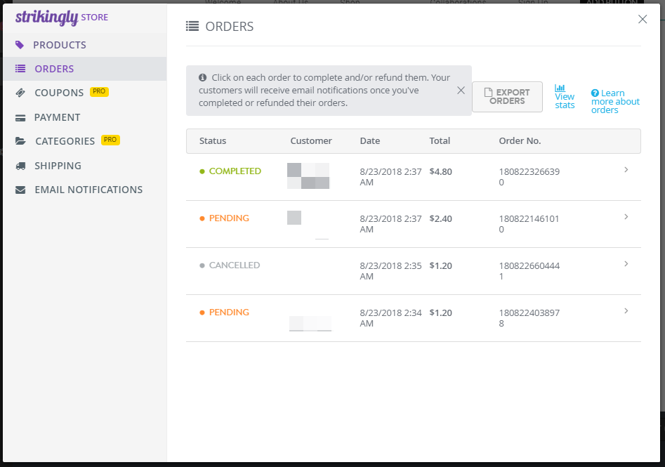 Strikingly editor showing the order management page Strikingly editor showing the order management page